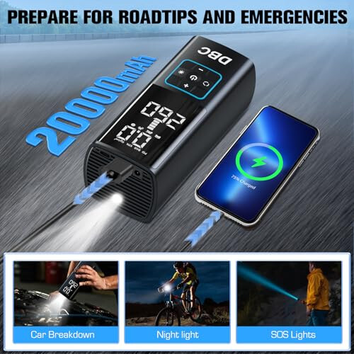 DBC Shinalar uchun portativ havo kompressori, 3 barobar tez simsiz velosiped pompasi, 20000mAh va 150PSI avtomobil, velosiped, mototsikl, to'p uchun raqamli ikki qiymatli displeyli portativ havo pompasi. - 6