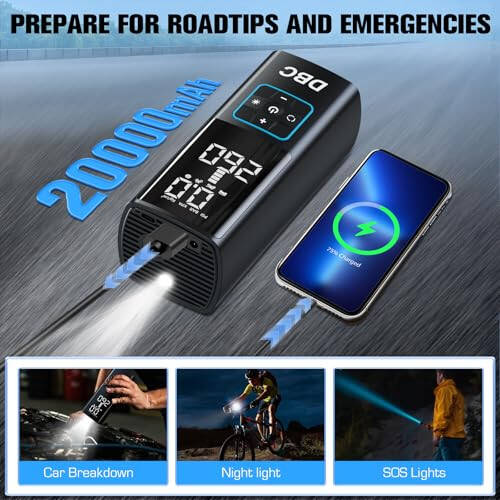 DBC Shinalar uchun portativ havo kompressori, 3 barobar tez simsiz velosiped pompasi, 20000mAh va 150PSI avtomobil, velosiped, mototsikl, to'p uchun raqamli ikki qiymatli displeyli portativ havo pompasi. - 6