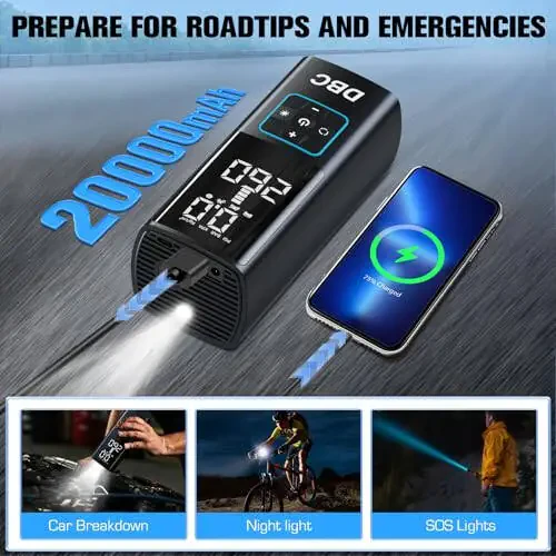 DBC Shinalar uchun portativ havo kompressori, 3 barobar tez simsiz velosiped pompasi, 20000mAh va 150PSI avtomobil, velosiped, mototsikl, to'p uchun raqamli ikki qiymatli displeyli portativ havo pompasi. - 6