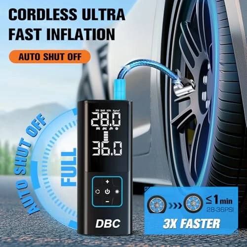 DBC Tire Inflator Portable Air Compressor, 3X Faster Cordless Bike Pump, 20000mAh & 150PSI Portable Air Pump for Car Tires With Digital Dual Values Display for Car, Bike, Motorcycle, Ball - DBC (1)
