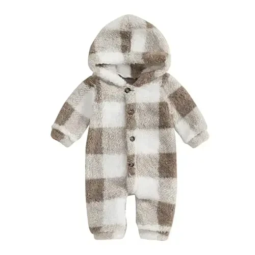 DcoModazonech Baby Boy Girl Qishki Kiyimlar Katakli Kapüşonli Kombinezon Peluş Junli Fermuarli Palto Yangi Tug'ilgan Chaqaloqlar uchun Qishki Kostyum - 1