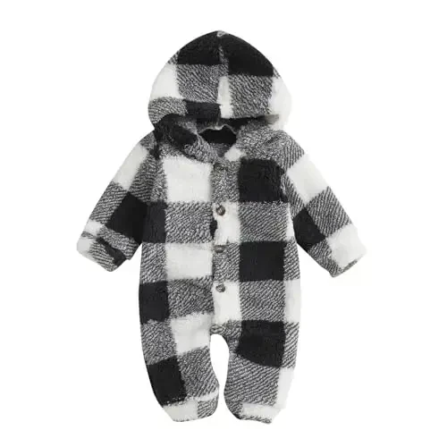 DcoModazonech Baby Boy Girl Qishki Kiyimlar Katakli Kapüşonli Kombinezon Plush Fleece Fermuarli Palto Yangi Tug'ilgan Chaqaloq Qishki Kostyumi - 1