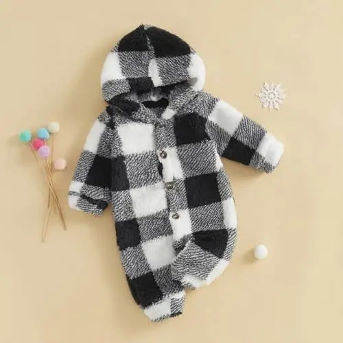 DcoModazonech Baby Boy Girl Winter Clothes Checkered Hooded Jumpsuit Plush Fleece Zip-up Coat Newborn Infant Winter Suit - DCOHMCH (1)