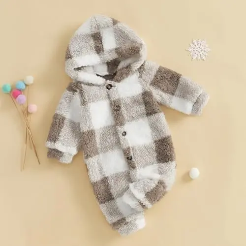 DcoModazonech Baby Boy Girl Winter Clothes Checkered Hooded Jumpsuit Plush Fleece Zip-up Coat Newborn Infant Winter Suit - 2