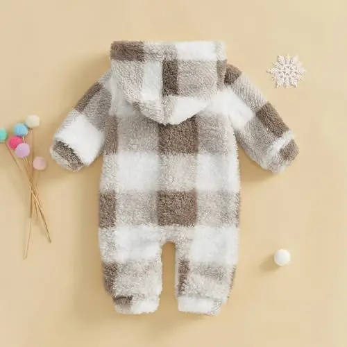 DcoModazonech Baby Boy Girl Winter Clothes Checkered Hooded Jumpsuit Plush Fleece Zip-up Coat Newborn Infant Winter Suit - 3