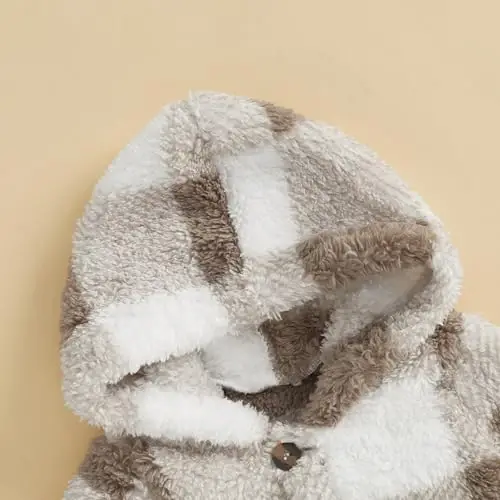 DcoModazonech Baby Boy Girl Winter Clothes Checkered Hooded Jumpsuit Plush Fleece Zip-up Coat Newborn Infant Winter Suit - 4