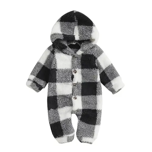 DcoModazonech Baby Boy Girl Winter Clothes Checkered Hooded Jumpsuit Plush Fleece Zip-up Coat Newborn Infant Winter Suit - 1