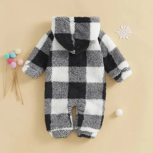 DcoModazonech Baby Boy Girl Winter Clothes Checkered Hooded Jumpsuit Plush Fleece Zip-up Coat Newborn Infant Winter Suit - 3