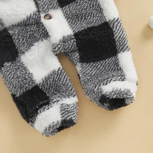 DcoModazonech Baby Boy Girl Winter Clothes Checkered Hooded Jumpsuit Plush Fleece Zip-up Coat Newborn Infant Winter Suit - 5