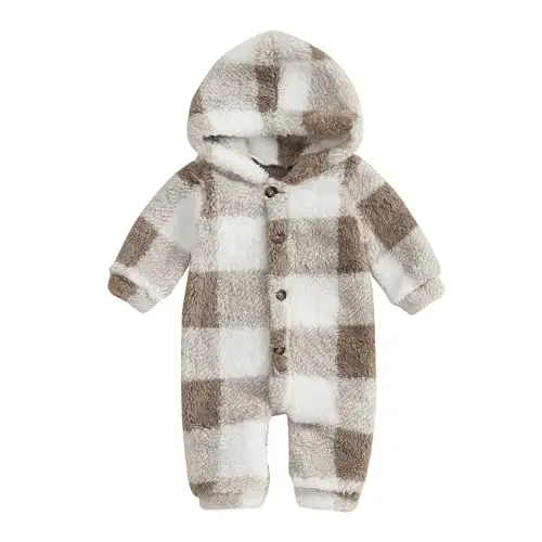 DcoModazonech Baby Boy Girl Winter Clothes Checkered Hooded Jumpsuit Plush Fleece Zip-up Coat Newborn Infant Winter Suit - 1