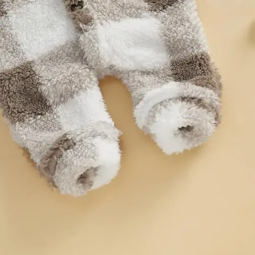 DcoModazonech Baby Boy Girl Winter Clothes Checkered Hooded Jumpsuit Plush Fleece Zip-up Coat Newborn Infant Winter Suit - 6