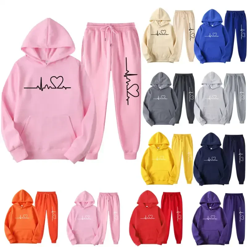 DDAPJ pyju Two Piece Outfits for Women and Men 2024 Clearance, Unisex 2PC Sweatsuit Heartbeat Print Sweatshirt Elastic Waisted Pants Tracksuit Plus Size Lounge Sets with Pockets - 1