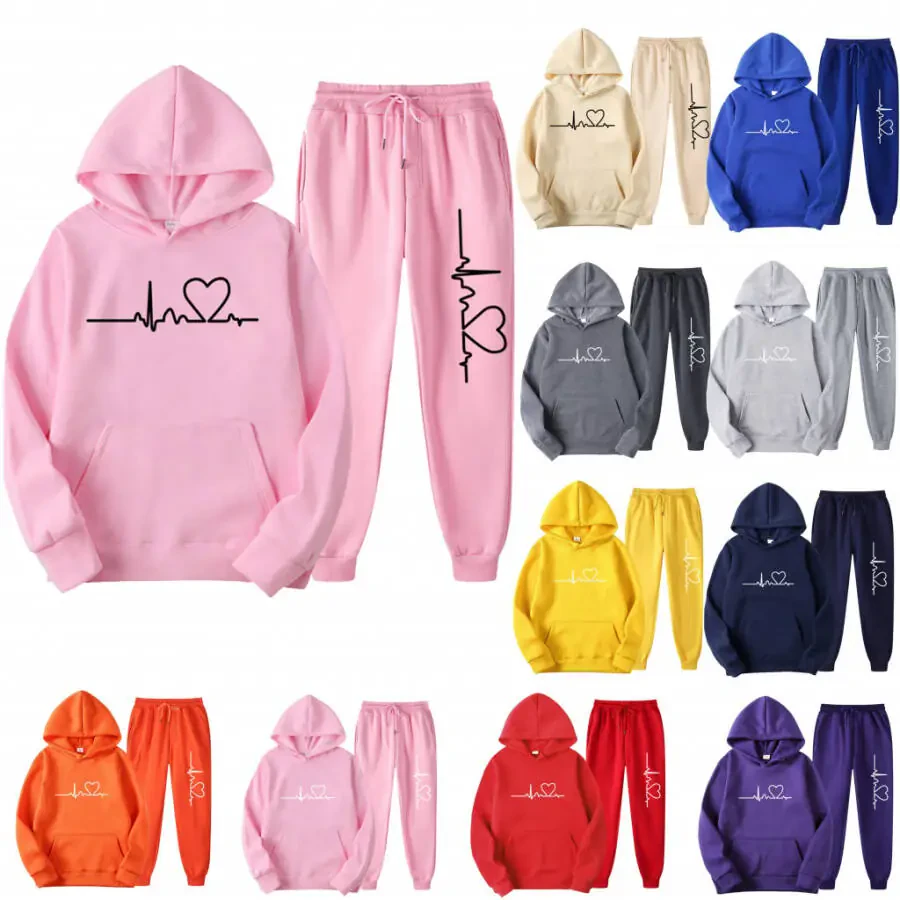 DDAPJ pyju Two Piece Outfits for Women and Men 2024 Clearance,Unisex 2PC Sweatsuit Heartbeat Print Sweatshirt Elastic Waisted Pants Tracksuit Plus Size Lounge Sets with Pockets - 3