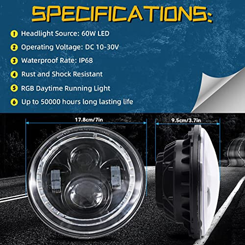 DEAL AUTO ELECTRIC PARTS 2x 7 60W Bluetooth Controlled Round RGB Halo Ring Headlights Compatible With For Any Models With 6012/6014 / 6015 / H6017 / H6024 Round Sealed Beam Headlights - 2