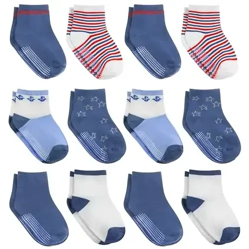 Debra Weitzner Toddler Socks With Grips - 12 Pairs Crew Cotton Grip Socks for Baby Boys Girls Infant's and Kids 6-M - 7 years - 1