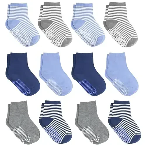 Debra Weitzner Toddler Socks With Grips - 12 Pairs Crew Cotton Grip Socks for Baby Boys Girls Infant's and Kids 6-M - 7 years - DEBRA