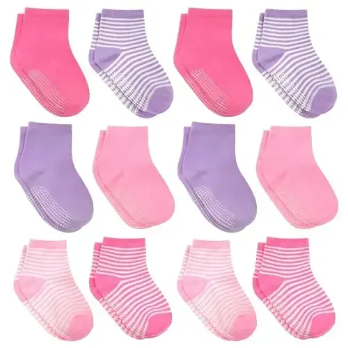 Debra Weitzner Toddler Socks With Grips - 12 Pairs Crew Cotton Grip Socks for Baby Boys Girls Infant's and Kids 6-M - 7 years - DEBRA