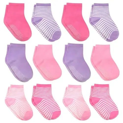Debra Weitzner Toddler Socks With Grips - 12 Pairs Crew Cotton Grip Socks for Baby Boys Girls Infant's and Kids 6-M - 7 years 