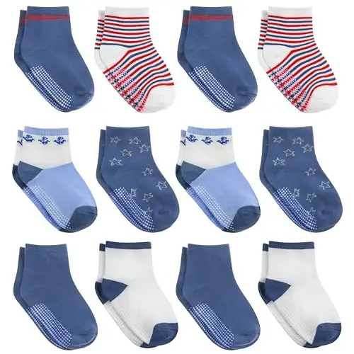 Debra Weitzner Toddler Socks With Grips - 12 Pairs Crew Cotton Grip Socks for Baby Boys Girls Infant's and Kids 6-M - 7 years - DEBRA