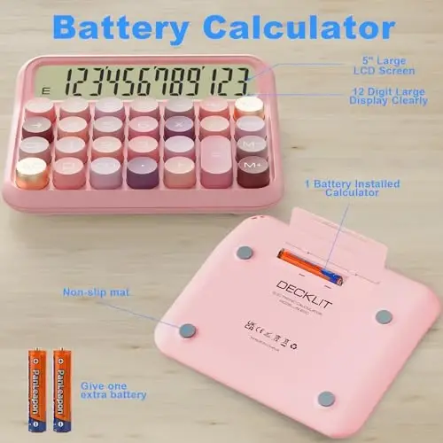 DECKLIT Batareya Stol Kalkulyatori - 12 Xonali Juda Katta 5-Dюймли LCD Displey, Katta Tugmalar Bosish Oson, Bolalar Uchun 15 Egilgan Ekran (Gül) - 3
