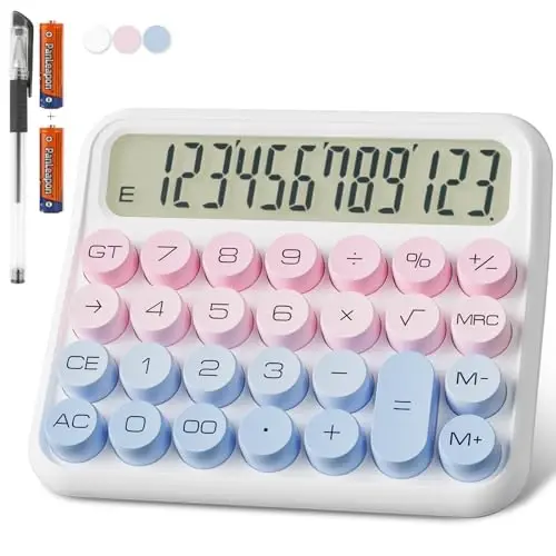DECKLIT Battery Desk Calculator - 12 Digit Extra Large 5-Inch LCD Display, Big Buttons Easy to Press Office Calculators, 15 Tilt Screen for Kids (Blue & Pink) - 1