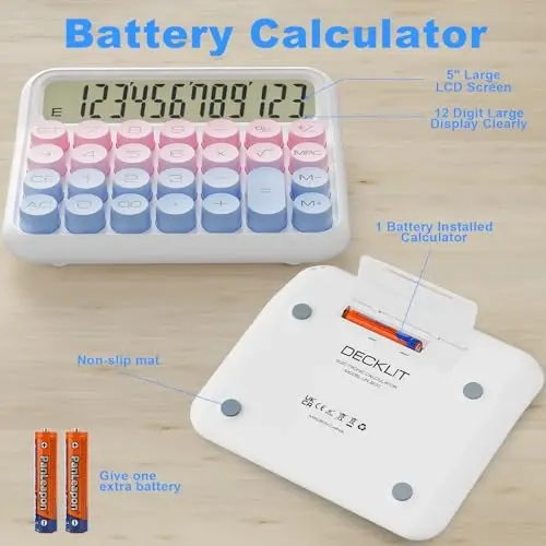 DECKLIT Battery Desk Calculator - 12 Digit Extra Large 5-Inch LCD Display, Big Buttons Easy to Press Office Calculators, 15 Tilt Screen for Kids (Blue & Pink) - 3