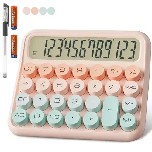 DECKLIT Battery Desk Calculator - 12 Digit Extra Large 5-Inch LCD Display, Big Buttons Easy to Press, 15Tilt Screen for Kids (Green&Pink) - DECKLIT
