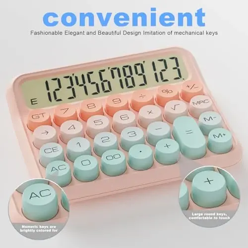 DECKLIT Battery Desk Calculator - 12 Digit Extra Large 5-Inch LCD Display, Big Buttons Easy to Press, 15Tilt Screen for Kids (Green&Pink) - 4