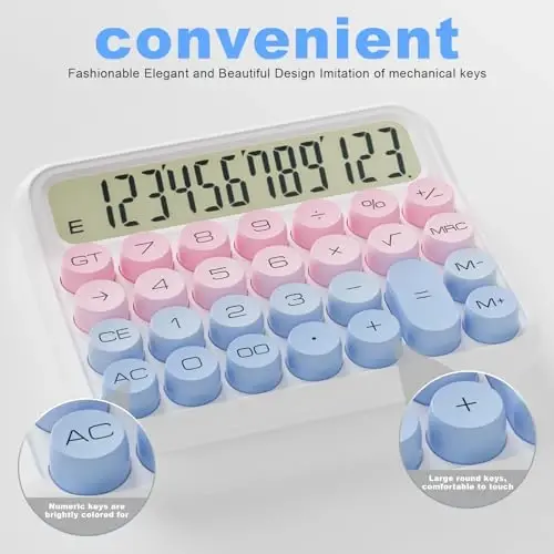 DECKLIT Battery Desk Calculator - 12 Digit Extra Large 5-Inch LCD Display, Big Buttons Easy to Press Office Calculators, 15 Tilt Screen for Kids (Blue & Pink) - 4
