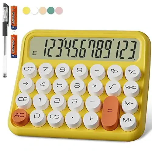 DECKLIT Mechanical Calculator 12 Digit, 5-Inch LCD Display, Battery Desk Calculator With Big Buttons, 15 Tilt Screen for Office and Kids (Yellow) - 1