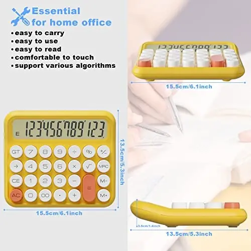 DECKLIT Mechanical Calculator 12 Digit, 5-Inch LCD Display, Battery Desk Calculator With Big Buttons, 15 Tilt Screen for Office and Kids (Yellow) - 2