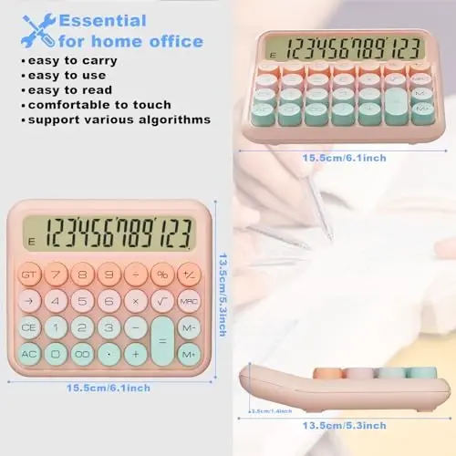 DECKLIT Battery Desk Calculator - 12 Digit Extra Large 5-Inch LCD Display, Big Buttons Easy to Press, 15Tilt Screen for Kids (Green&Pink) - 2