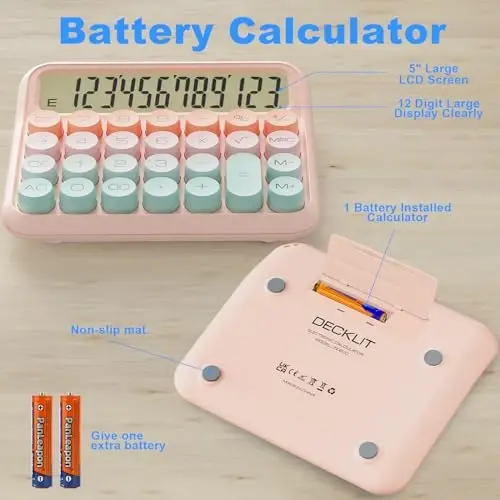 DECKLIT Battery Desk Calculator - 12 Digit Extra Large 5-Inch LCD Display, Big Buttons Easy to Press, 15Tilt Screen for Kids (Green&Pink) - 3