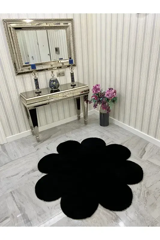 Decorative Black Plush Soft White Daisy Modern Rug-Black - 2