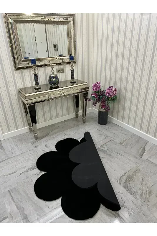 Decorative Black Plush Soft White Daisy Modern Rug-Black - 3
