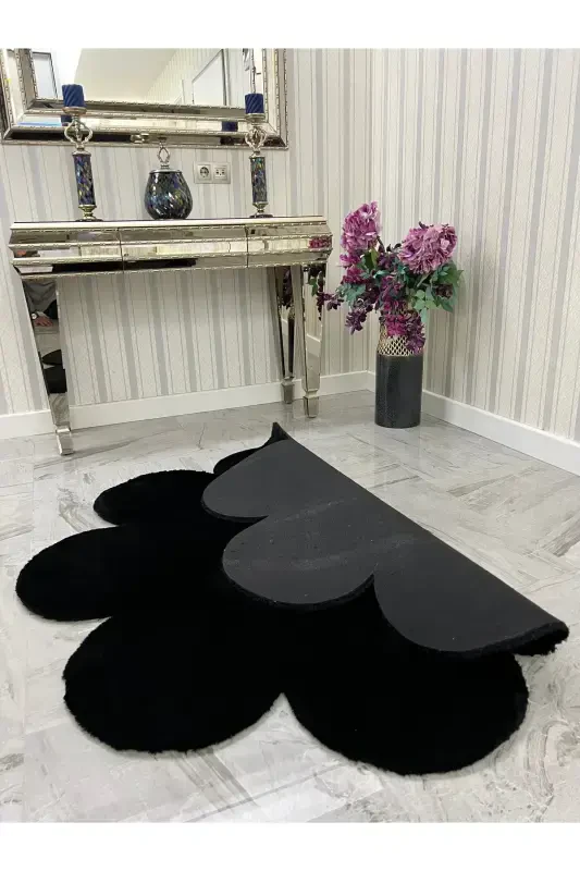 Decorative Black Plush Soft White Daisy Modern Rug-Black - 5
