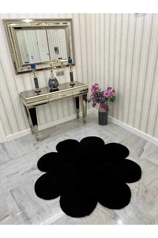 Decorative Black Plush Soft White Daisy Modern Rug-Black - 2
