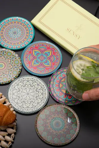 Decorative Coaster Set of 6 Metal Top Hub - 5