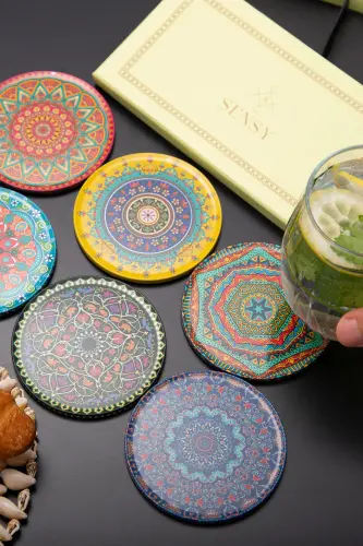 Decorative Coaster Set of 6 Metal Top Troy - 4