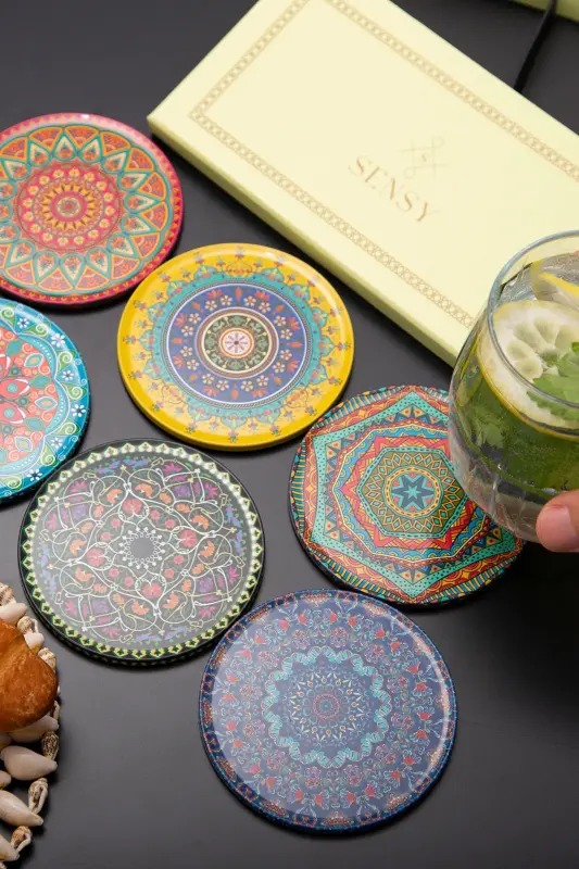 Decorative Coaster Set of 6 Metal Top Troy - 4