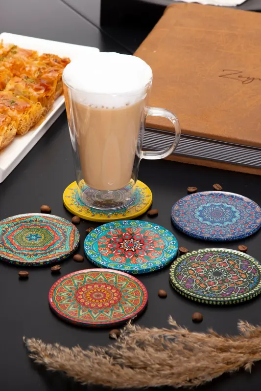 Decorative Coaster Set of 6 Metal Top Troy - 7