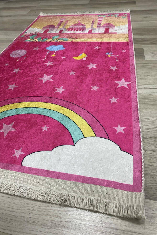Decorative digital printed non-slip base prayer rug for toddlers. - 13