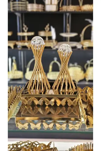 Decorative Home Accent Gold Color Braided Cross Legged Sphere 2pcs Metal Figurine-Gold Bubbled Sphere - FARKLI EVIM (1)