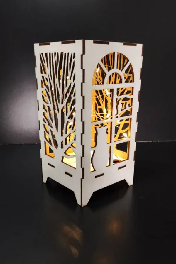 Decorative Mini Custom Designed Wooden Lampshade Table Decoration Battery-Powered Fairy LED Cat and Tree Pattern - 3