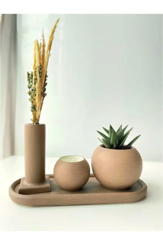 Decorative Pot Set Candle Succulent Dried Plant Different Color Options-Pebble Stone - GENEL MARKALAR