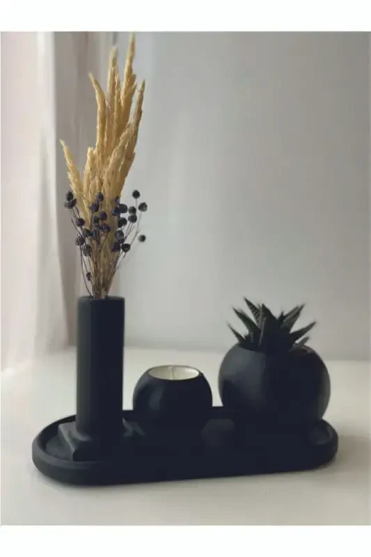 Decorative Pot Set Candle Succulent Dry Plant Different Color Options-Black - GENEL MARKALAR