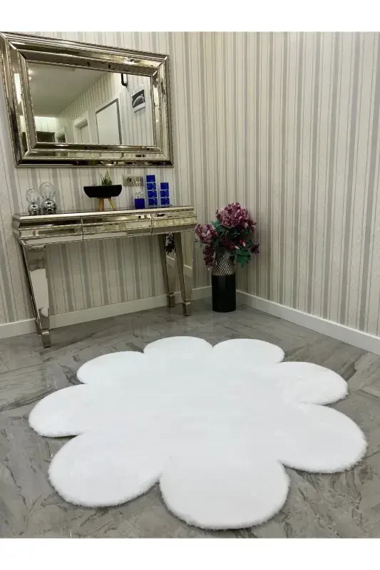 Decorative White Plush Soft White Daisy Modern Rug-White - 1