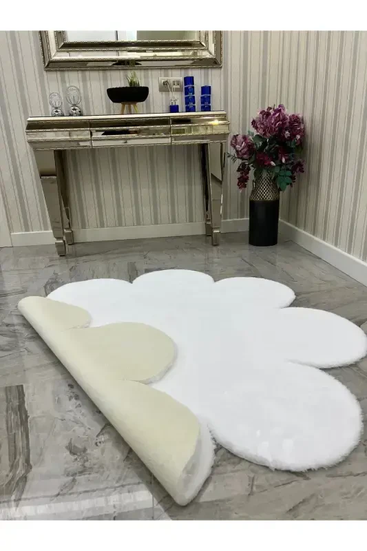 Decorative White Plush Soft White Daisy Modern Rug-White - 4