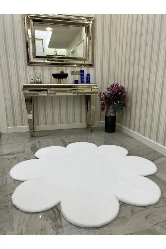Decorative White Plush Soft White Daisy Modern Rug-White - 5