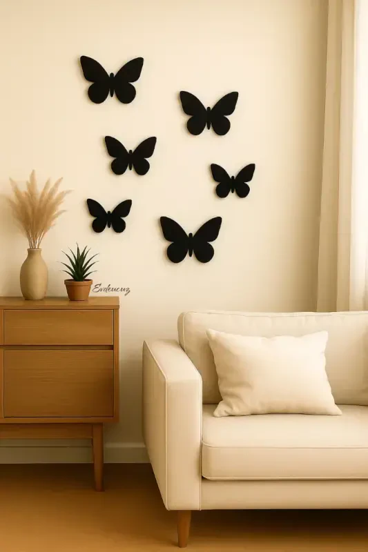 Decorative Wooden 6 Piece Butterfly Wall Decoration Black 50x40 - EVDEUCUZ